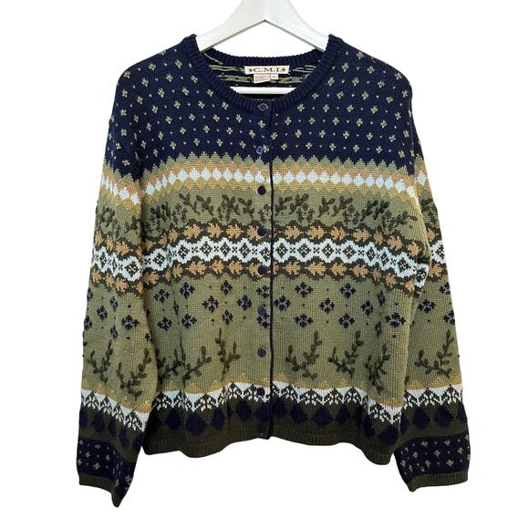 Vintage 90s C.M.I. Fair Isle Chunky Knit Sweater Cardigan Green Blue Large - Picture 1 of 4